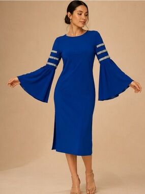 MSK Royal Blue Dress Medium Rhinestone Bell Sleeve Cocktail Party Dress